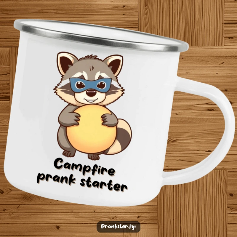 Funny raccoon camping mug, mischievous masked raccoon holding a whoopee cushion, durable humorous drinkware, ideal outdoor gift.