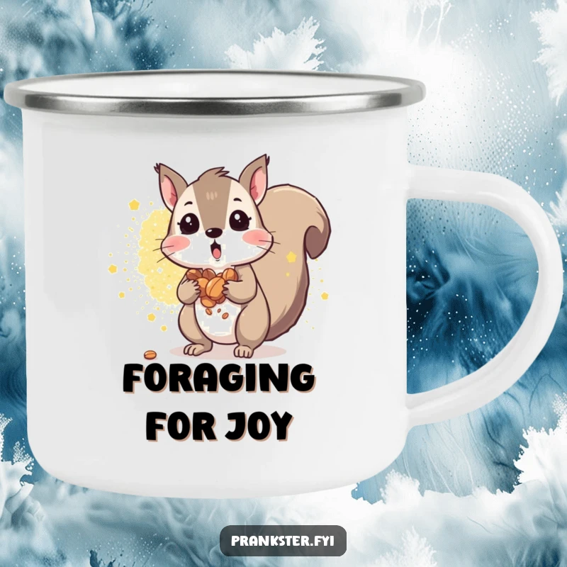 Funny squirrel camping mug with a surprised squirrel spilling nuts amidst glitter. Great for outdoors.