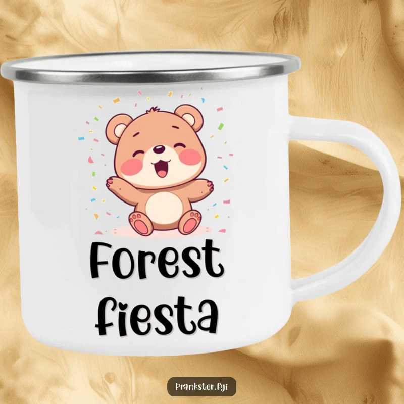 Funny camping mug with a delighted bear character joyfully playing with confetti, perfect for outdoor celebrations and warm drinks.