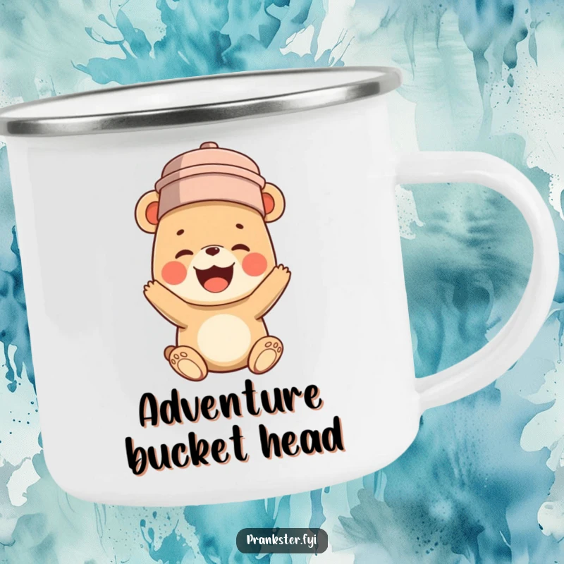 Funny camping mug with a bear cub humorously wearing a bucket on its head, lost in a moment of pure, hilarious giggles.