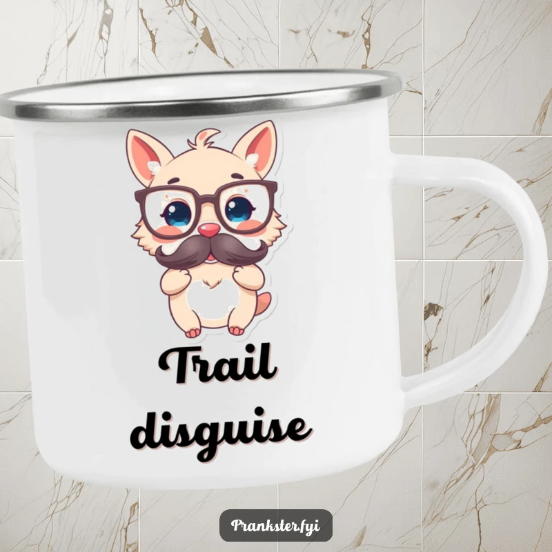 Funny camping mug featuring a delighted animal character wearing oversized glasses and a fake mustache, for smart outdoor enjoyment.
