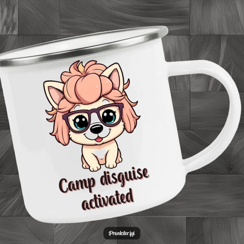 Funny camping mug with a playful dog character wearing a silly wig and oversized glasses, perfect for outdoor humor.
