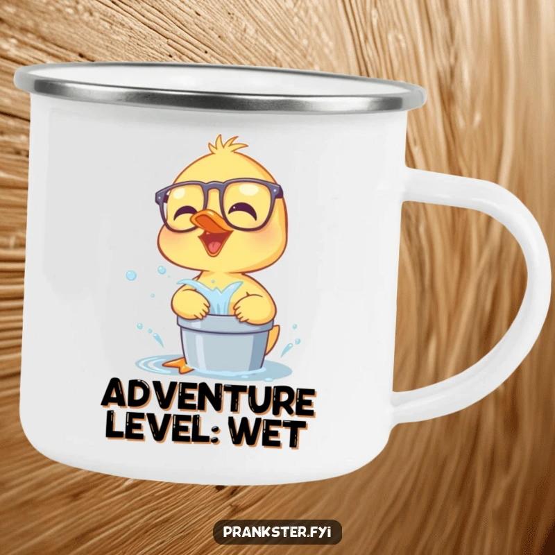 Funny giggling duckling wearing glasses, about to splash water, a humorous and durable camping mug.
