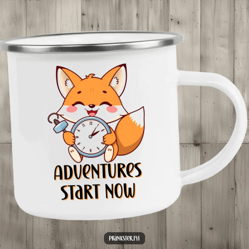 Funny camping mug with a grinning fox winking as it sets a tiny clock, a humorous vessel for outdoor beverages.