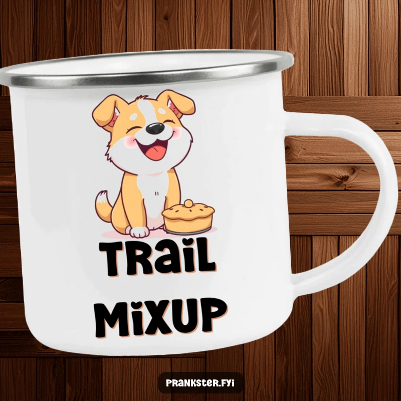 Funny dog camping mug, enamel mug with a giggling dog and a pie, durable and humorous for outdoor enthusiasts.