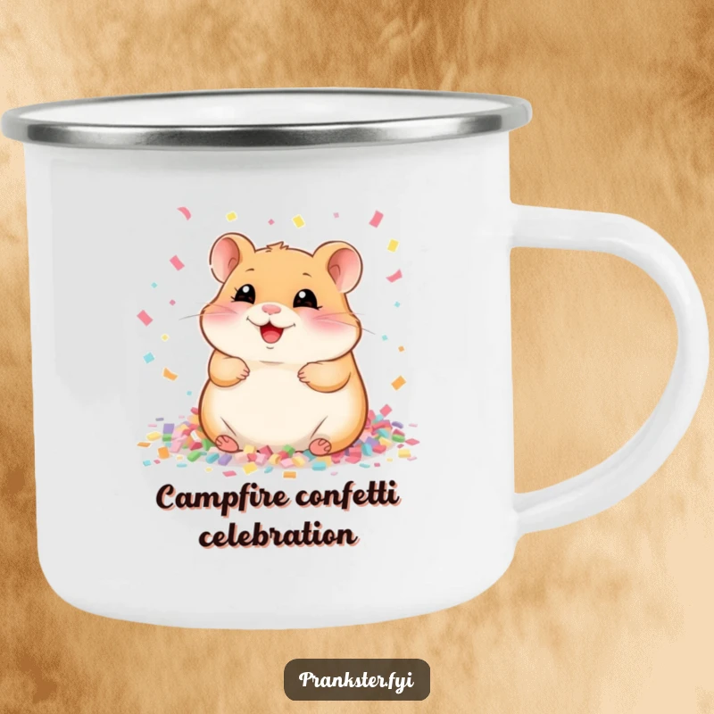 Funny Camping Mug with a giggling hamster surrounded by confetti, ideal for adding humor to outdoor trips.