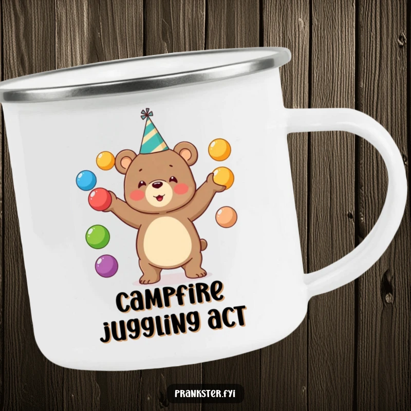 Funny bear camping mug with a bear in a party hat juggling balls. Great for outdoors.