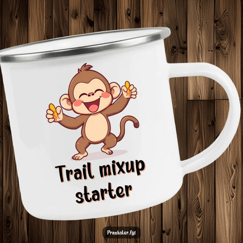 Funny Kawaii Monkey Camping Mug gleefully throwing a banana peel, perfect for enjoying drinks outdoors with a dose of humor and rugged charm.