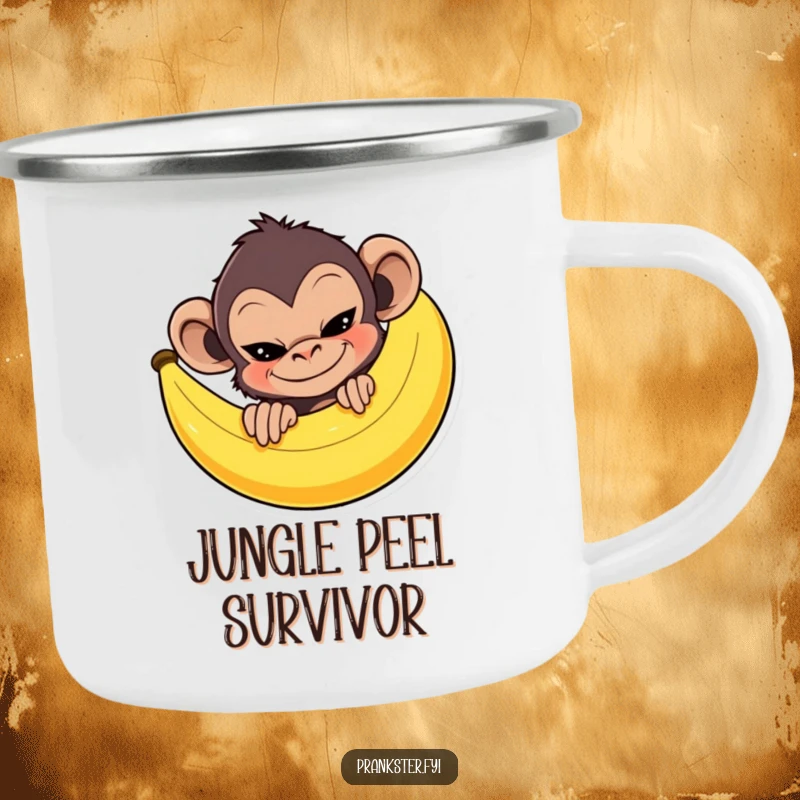 Mischievous monkey peeking behind a giant banana peel with a sly grin, on a rugged and funny camping mug.