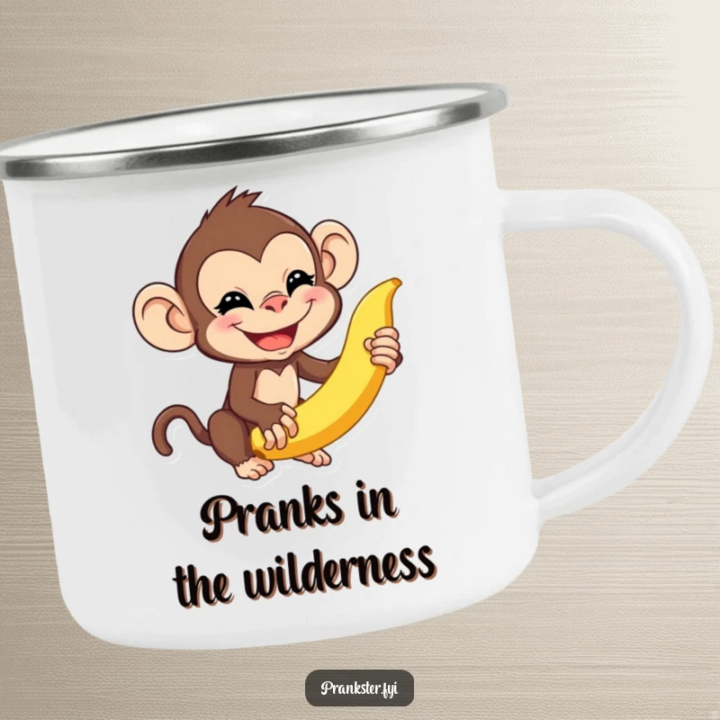 Funny monkey camping mug showing a mischievous monkey about to flick a banana peel, perfect for outdoor fun and playful adventures.