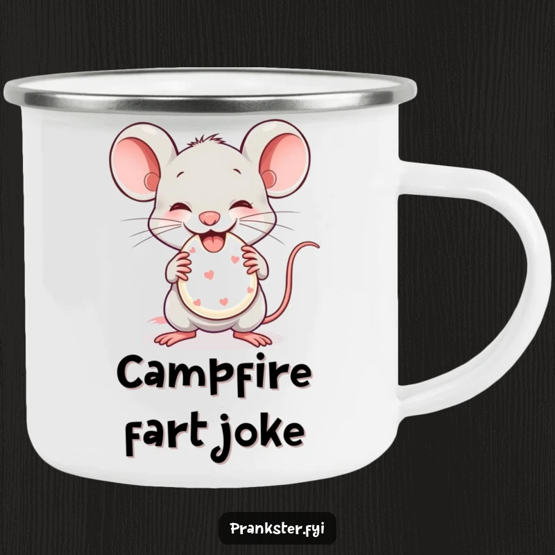 Funny Camping Mug with a mischievous mouse holding a tiny whoopee cushion, adding a playful and humorous element to outdoor trips.