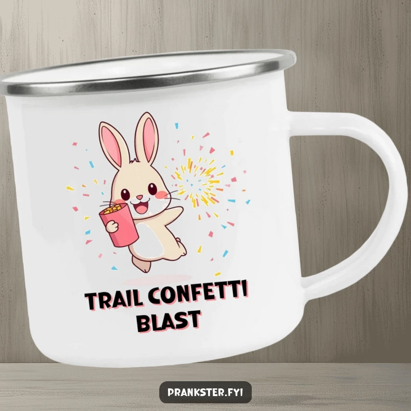 Funny camping mug showing a cheerful rabbit hopping away from an exploding confetti popper, perfect for outdoor celebrations.