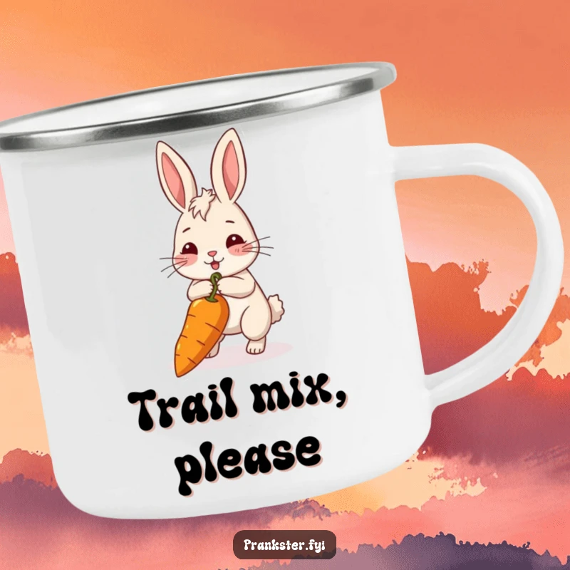 Funny rabbit camping mug with a rabbit pulling a long string attached to a carrot. Great for outdoors.