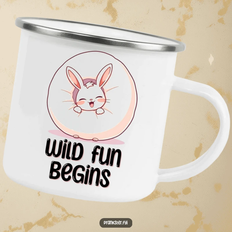 Funny camping mug with a giggling rabbit hiding behind a whoopee cushion, ideal for enjoying beverages outdoors with humor.