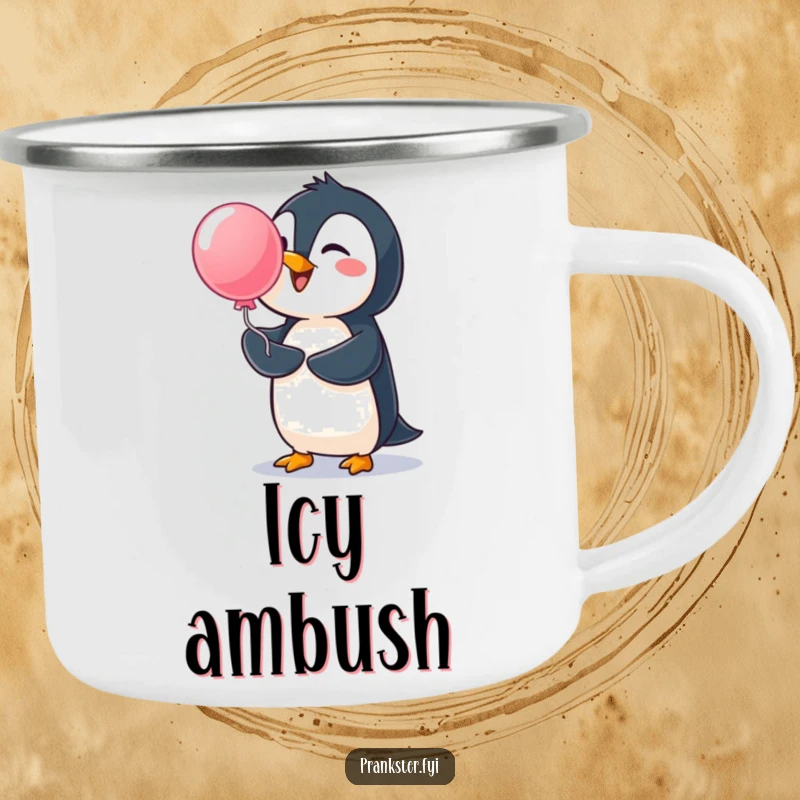 Funny penguin camping mug, enamel mug with a cheerful penguin launching a water balloon, durable and charming.