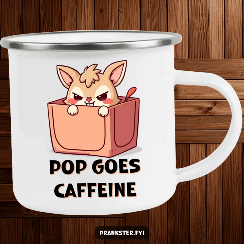 Funny camping mug with a mischievous animal peeking from a jack-in-the-box, bringing wicked grins to campfires and trails.