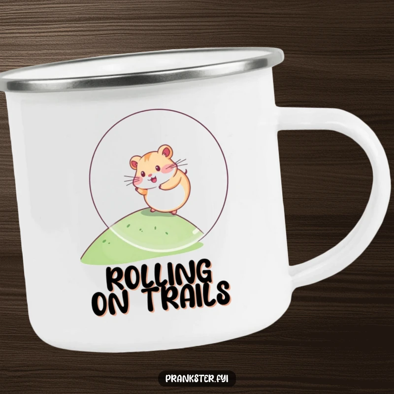 Funny Kawaii Hamster Camping Mug rolling down a hill inside a giant plastic ball, perfect for enjoying drinks outdoors with a dose of adorable pet humor.