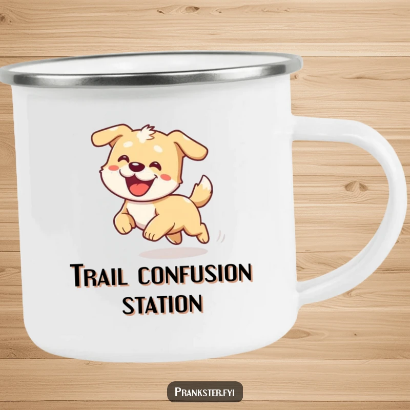 Funny camping mug featuring a cartoon dog looking dizzy while chasing its tail, perfect for outdoor laughs.