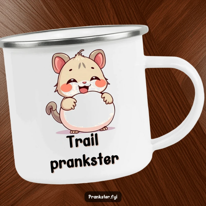 Funny camping mug featuring a giggling creature hiding a whoopee cushion, built for outdoor fun and adding a touch of humor to any campsite.