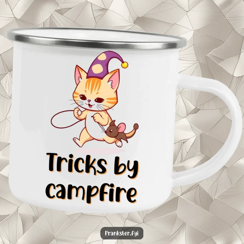 Funny jester cat camping mug showing a cat in a hat tripping a mouse with a string, durable and humorous.