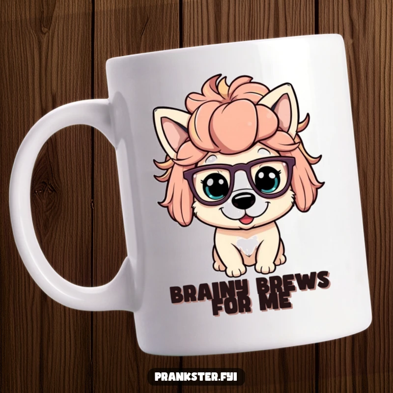 Funny mug showcasing a playful dog character sporting a silly wig and oversized glasses, looking comically disguised.