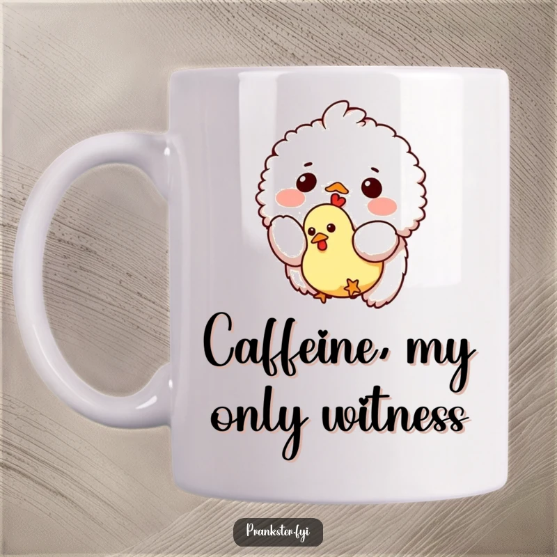 Funny mug showing a small fluffy creature dropping a tiny rubber chicken from above, embodying playful chaos and a classic gag.