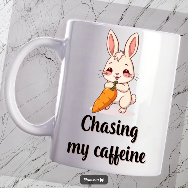 Funny rabbit mug actively pulling a very long string attached to a carrot, symbolizing determination and pursuit. A great gift.