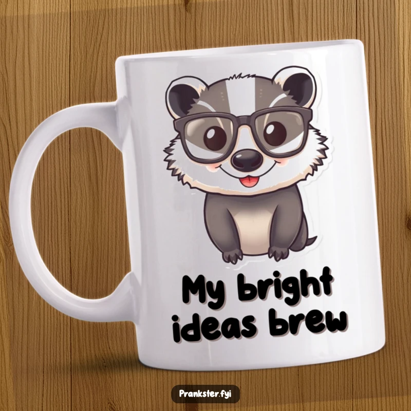 Funny Mug featuring a happy badger sporting comical, oversized glasses with a cheerful expression.
