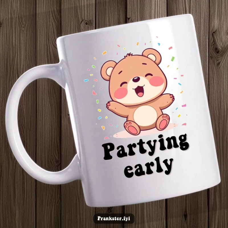 Funny mug with a delighted bear character joyfully playing with colorful confetti falling from the air, perfect for celebratory moments.