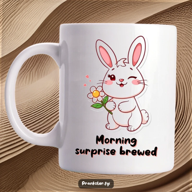 Funny mug with a cheerful bunny character winking mischievously while holding a squirting flower, ready for a playful prank.