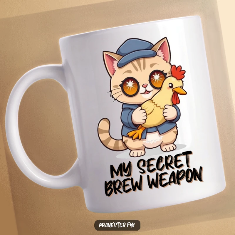 Funny cat mug, cunningly disguised, holding a rubber chicken with sparkling eyes, a humorous spy theme.