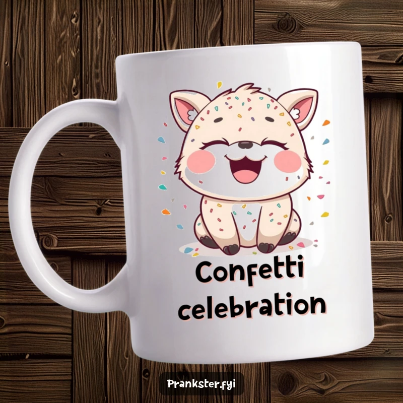 Funny mug with a laughing animal character covered in confetti, eyes sparkling with mischief, embodying pure celebration.