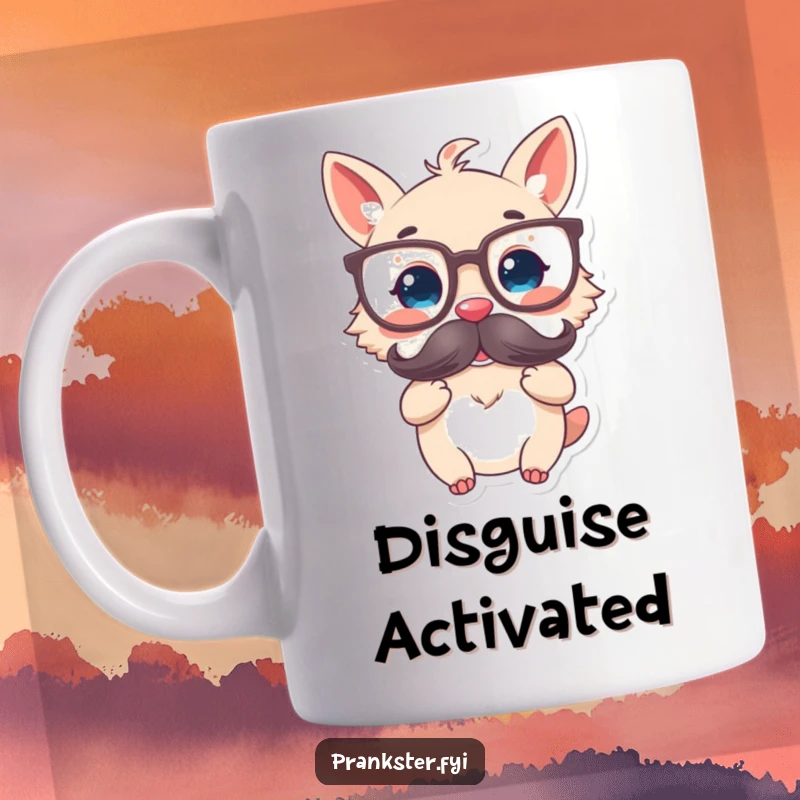 Funny mug with a delighted animal character wearing oversized glasses and holding a fake mustache, looking comically intellectual.