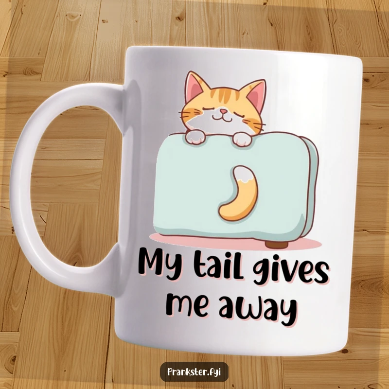Funny mug with a giggling cat's tail sticking out from behind a sofa, evoking playful mischief and hiding.