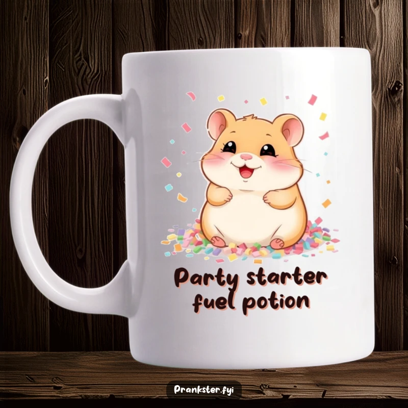 Funny Mug featuring a giggling hamster joyfully sitting in a pile of colorful confetti, radiating pure happiness.