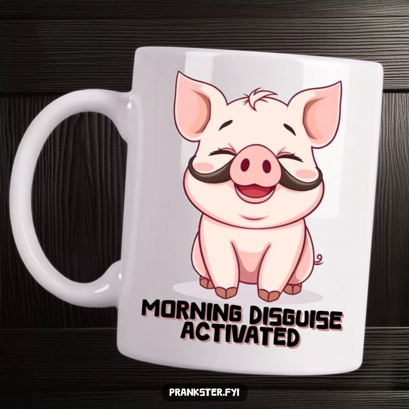Funny mug showcasing a giggling piglet with a fake mustache and a wide, silly grin, radiating infectious amusement.