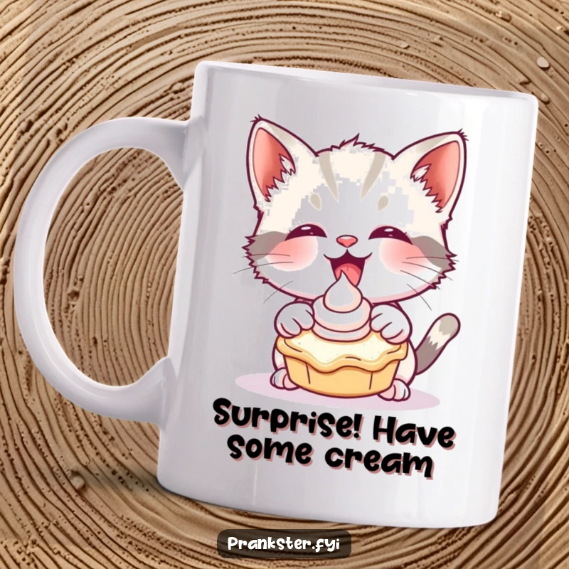 Funny mug with a giggling kitten playfully tossing a cream pie directly at the viewer, a scene of adorable chaos.