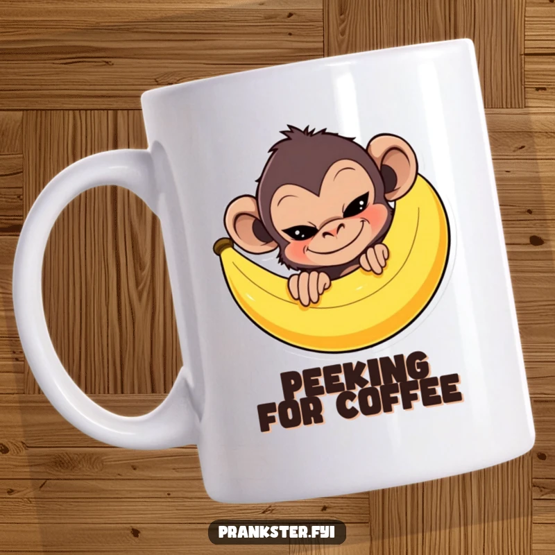 Funny mischievous monkey peeking from behind a giant banana peel with a sly grin, perfect for a funny mug.