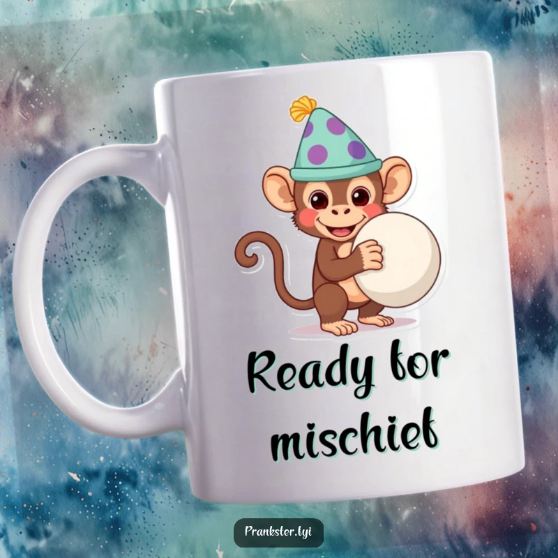 Funny cheeky monkey wearing a silly hat, hiding a whoopee cushion, planning a prank on a coffee mug.