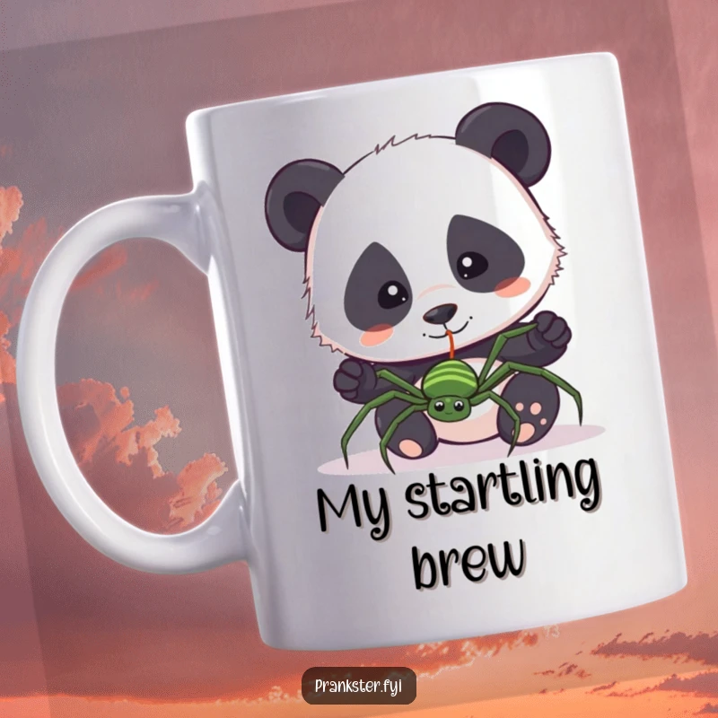 Funny mug with a curious panda looking startled as it pulls a fake spider on a string. Humorous and playful.