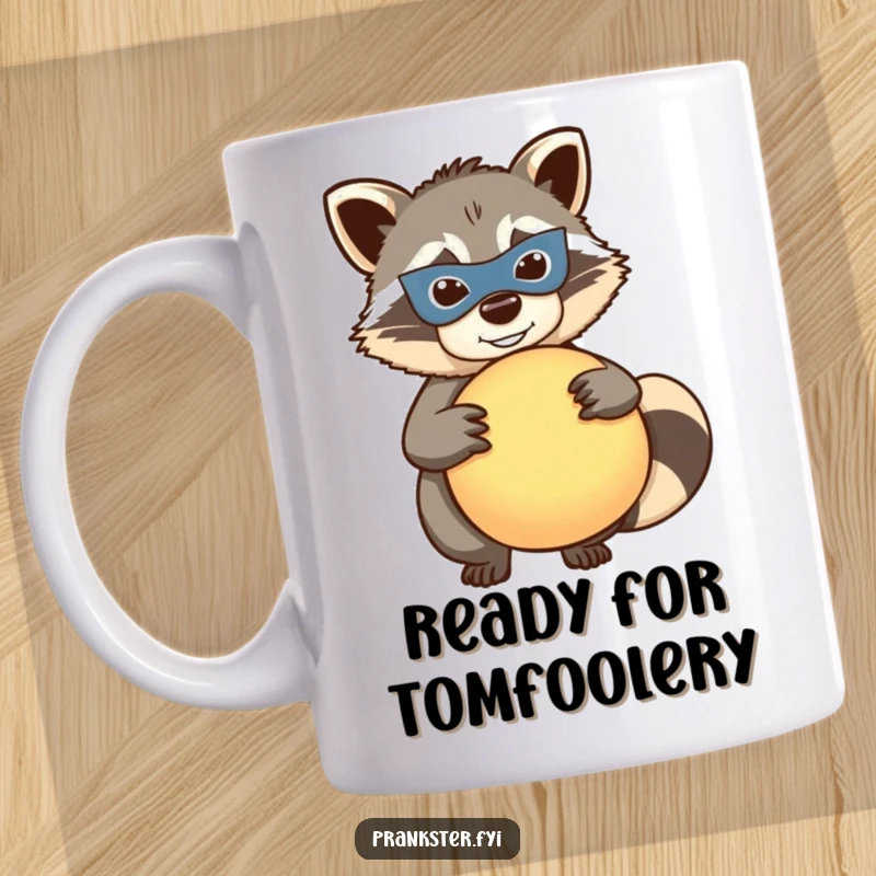Funny raccoon mug, mischievous masked raccoon holding a whoopee cushion, ready for pranks, humorous and playful design, gift.