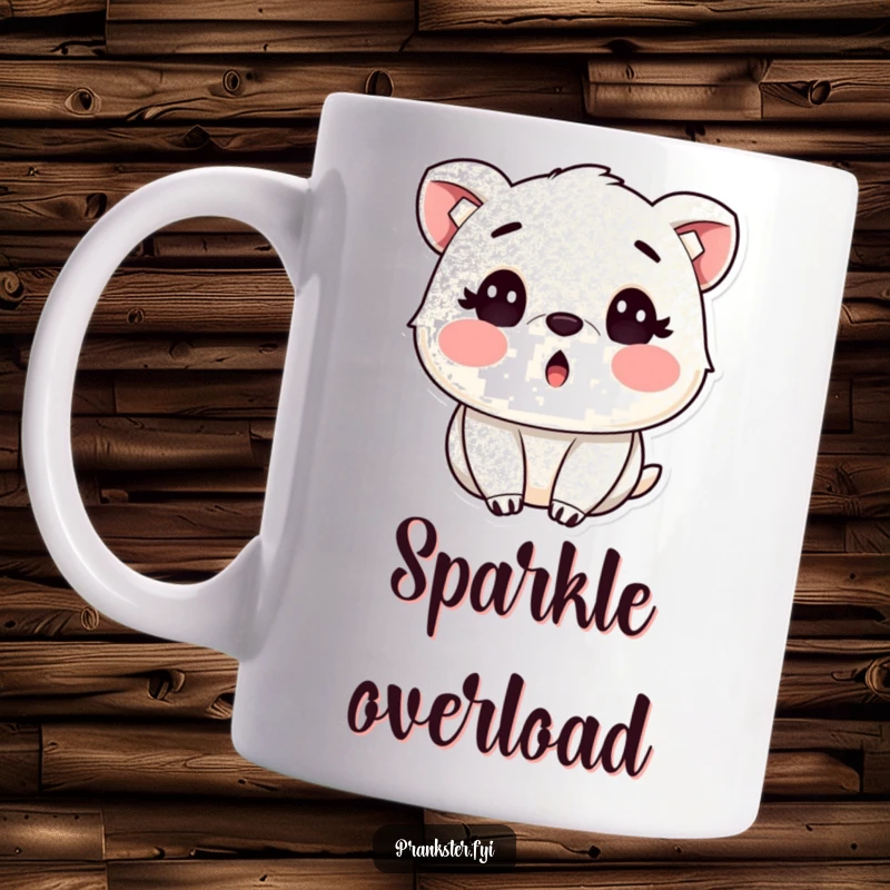 Funny mug showing a surprised animal with rosy cheeks, happily covered in shimmering harmless glitter, radiating joy.