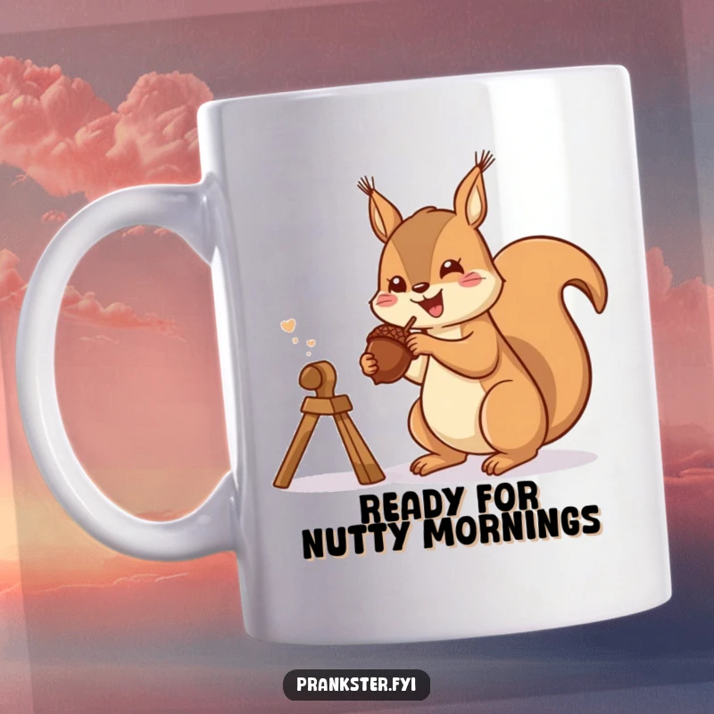 Funny mug with a gleeful squirrel launching a tiny acorn from a miniature slingshot, a scene of forest mischief.