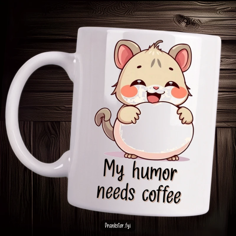 Funny mug showing a creature giggling mischievously, hiding a whoopee cushion behind its back, ready to prank and bring laughter.