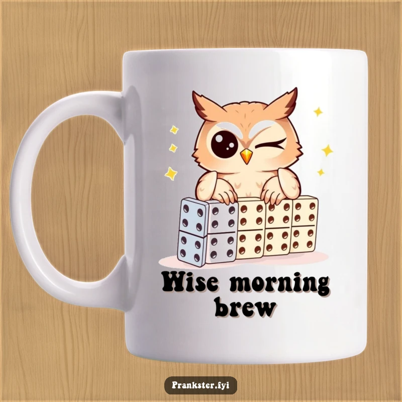 Funny owl mug, winking bird meticulously setting up a domino chain, embodying cleverness and foresight.