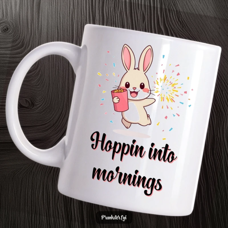 Funny mug showing a cheerful rabbit hopping away from an exploding confetti popper, symbolizing joyous escape and celebration.