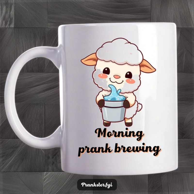 Funny Kawaii Sheep Mug: A sheep with a mischievous grin holds a bucket of water, ready for a playful prank.