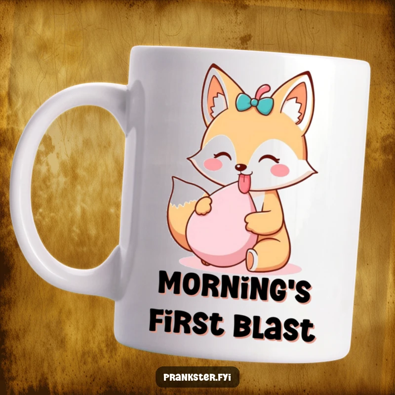 Funny Kawaii Fox Mug sticking its tongue out playfully while holding a whoopee cushion, ready to prank, perfect for coffee lovers with a sense of humor.