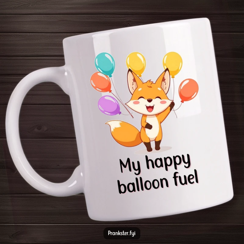 Funny mug featuring a happy fox character joyfully juggling colorful balloons with a wide, infectious smile.