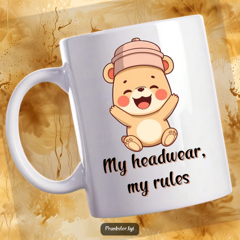 Funny mug featuring a cheerful bear cub wearing a bucket on its head and giggling uncontrollably, bringing pure, silly joy.